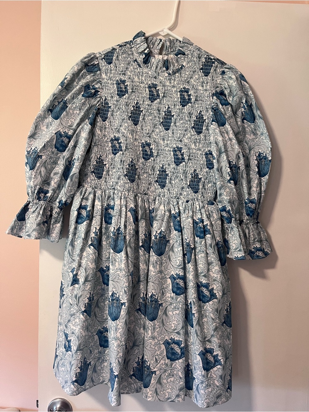 Blue Floral Smocked Mini Dress with Ruffle Neck